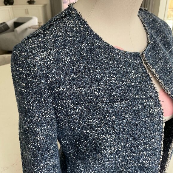 Theory Ualana Raw-Cut Edges Lined Cotton Viscose Open Jacket Indigo Tweed Sz 0 - Picture 3 of 10